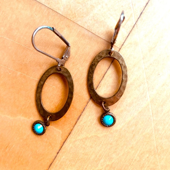 Dangling Gold Loop Earrings with Turquoise Colored Bead - Picture 1 of 1